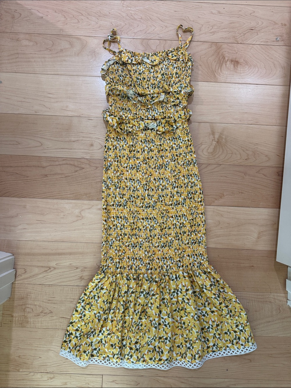 ANTONIO MELANI Yellow Floral Smocked Maxi Dress with Ruffle Hem